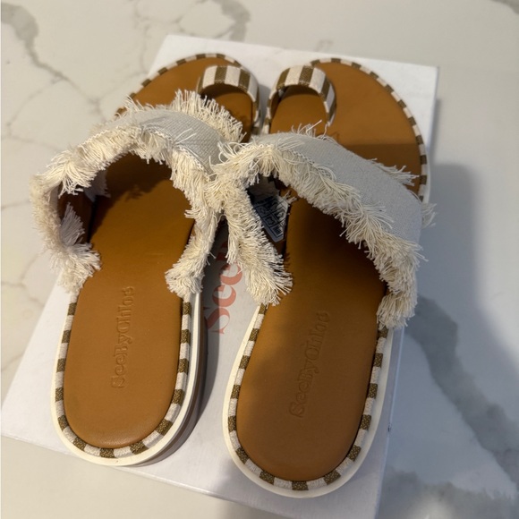 Beige and White Chloe Fringe Sandals - Picture 4 of 5